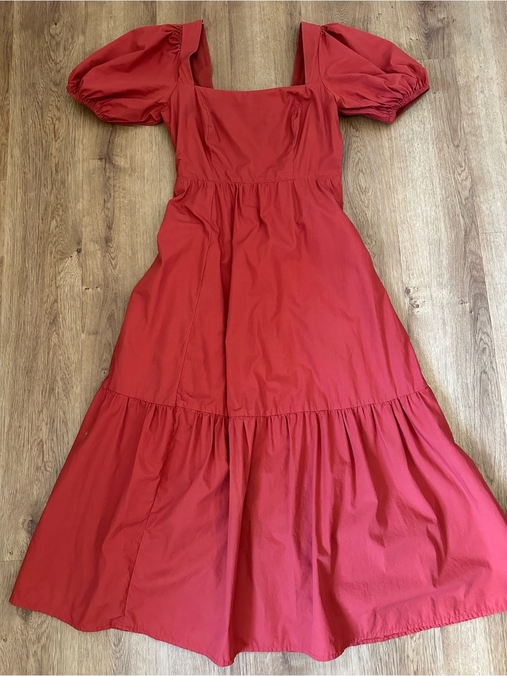 Astr Red Square-Neck Maxi Dress with Puff Sleeves